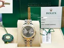 ROLEX MIDSIZE DATEJUST 178273 ROMAN DIAL 18K YELLOW GOLD STEEL BOX PAPER 31MM