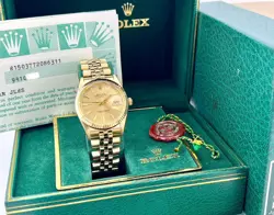 ROLEX DATE 15037 CHAMPAGNE DIAL JUBILEE BAND 14K YELLOW GOLD 34MM BOX PAPER