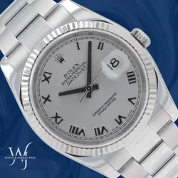 ROLEX MEN'S DATEJUST 36 STEEL SILVER ROMAN NUM DIAL FLUTED OYSTER WATCH 116234