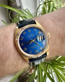 ROLEX DATEJUST 36MM 16018 18K YELLOW GOLD RARE BLUE JUBILEE DIAL NAVY LEATHER
