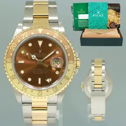MINT ROLEX GMT-MASTER II 16713 TWO-TONE YELLOW GOLD AND STEEL ROOTBEER OYSTER