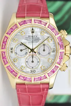 ROLEX 18kt Gold DAYTONA MOP Diamond Pink Bezel Alligator Strap 16518 SANT BLANC