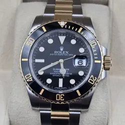 2015 ROLEX SUBMARINER DATE 40MM 18K YELLOW GOLD & STEEL BLACK WATCH 116613LN B+P