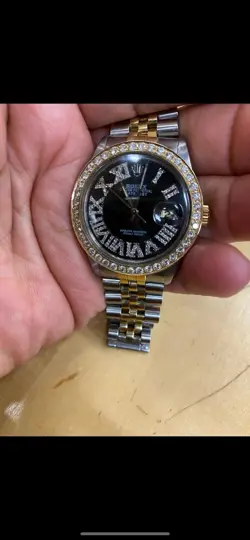 ROLEX DATEJUST 36MM TWO TONE 18K & STEEL BLACK DIAMOND ROMAN DIAL-DIAMOND BEZEL
