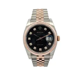 ROLEX 116231 DATEJUST TWO TONE 18K ROSE GOLD BLACK ROLEX PYRAMID DIAMOND DIAL