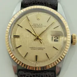 ROLEX OYSTER 1601 DATEJUST 36MM 18K GOLD SS MEN LINEN DIAL AUTOMATIC 1960S RA561