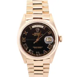ROLEX DAY-DATE 36MM BLACK DIAL WATCH 18038 YG