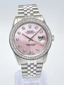 ROLEX DATEJUST 16030 36MM PINK MOP DIAMOND DIAL & DIAMOND BEZEL JUBILEE BOX