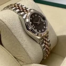 Rolex Datejust 28mm Rose Gold Steel Chocolate Diamond Star Dial Watch 279171