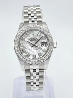 ROLEX DATEJUST LADIES 26MM 179174 MOP DIAMOND DIAL DIAMOND BEZEL PAPERS JUBILEE