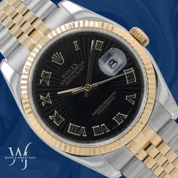 ROLEX DATEJUST 36 116233 TWO TONE BLACK SUNBURST DIAL FLUTED SUPER JUBILEE BAND