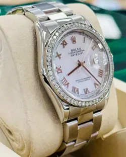 ROLEX DATEJUST 36MM 16200 CUSTOM 1.65CT DIAMOND BEZEL ROMAN MOP DIAL WATCH MINT