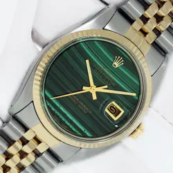 ROLEX DATEJUST 36 MALACHITE DIAL STEEL AND 18 KARAT GOLD FLUTED BEZEL WATCH