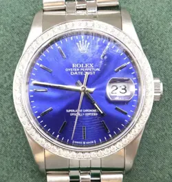 ROLEX DATEJUST TURN-O-GRAPH 16264 S S. DIAMMOND BEZEL WRISTWATCH. 36MM. BLUE,BOX