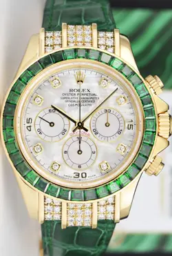 ROLEX 18kt Gold DAYTONA MOP Dial Custom Green Bezel Svc CARD 16518 SANT BLANC