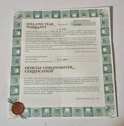 ORIGINAL VINTAGE ROLEX WATCH 68273320- B6252 CERTIFICATE GUARANTEE