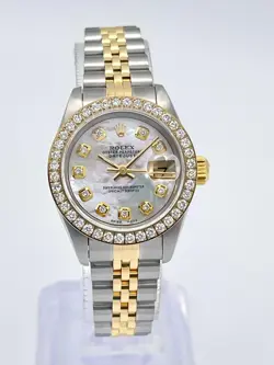 ROLEX DATEJUST 26MM 69173 PEARL MOP DIAMOND DIAL DIAMOND BEZEL TWO TONE JUBILEE