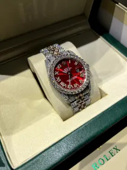 ICED OUT RED ROLEX 36MM DATEJUST WATCH VVS1 MOISSANITE PASSES DIAMOND TEST