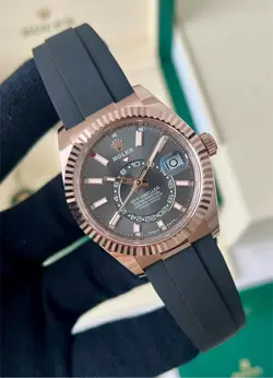 ROLEX SKY-DWELLER 18K ROSE GOLD SLATE OYSTERFLEX 42MM WATCH RHODIUM DIAL UNWORN