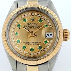 LADY ROLEX 26MM FLUTED BEZEL  TWO TONE DIAMONDS EMERALDS DIAL OYSTER PERPETUAL
