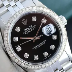 ROLEX MENS DATEJUST STAINLESS STEEL WATCH BLACK DIAMOND DIAL DIAMOND BEZEL 36MM