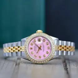 WOMEN 26MM ROLEX DATEJUST SS/10K GOLD PINK 1.5CT DIAMOND DIAL JUBILEE BAND WATCH