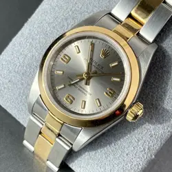 LADIES ROLEX WATCH OYSTER STAINLESS & 18K YELLOW GOLD BRACELET SILVER DIAL