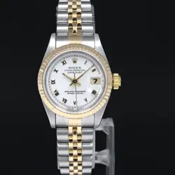 MINT LADIES ROLEX DATEJUST 26MM 69173 WHITE ROMAN TWO TONE GOLD JUBILEE WATCH