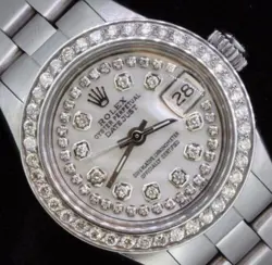 ROLEX LADIES DATE DATEJUST OYSTER STAINLESS STEEL DIAMOND DIAL BEZEL WATCH