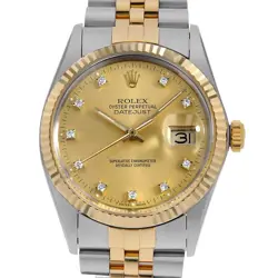 ROLEX DATEJUST 10P DIAMOND 16013G CHAMPAGNE GOLD 92 NUMBER SECOND HAND MENS