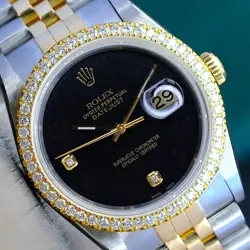 ROLEX MENS DATEJUST WATCH 18KY  GOLD & STEEL BLACK DIAL DIAMOND BEZEL 36MM