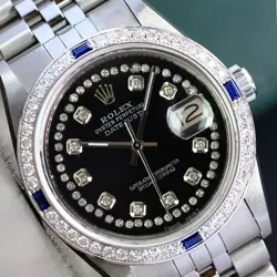 ROLEX MENS DATEJUST  STAINLESS STEEL BLACK DIAMOND DIAL DIAMOND BEZEL 36MM WATCH