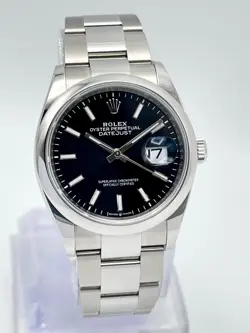 ROLEX DATEJUST 126200 36MM GENTS BLACK BATON DIAL BOX PAPERS 2021 OYSTER SMOOTH
