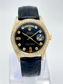 ROLEX DAYDATE 36MM 18078 BLACK DIAMOND DIAL BEZEL SHOULDERS LEATHER STRAP BOX