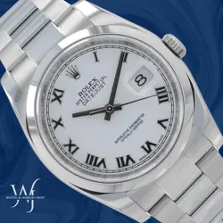 ROLEX DATEJUST 36 116200 W/ CARD MENS WHITE ROMAN DIAL SMOOTH BEZEL OYSTER BAND