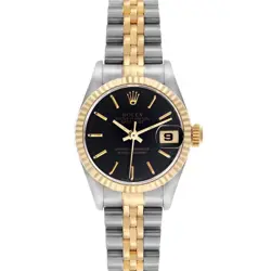 ROLEX DATEJUST STEEL YELLOW GOLD BLACK DIAL LADIES WATCH 69173 BOX PAPERS
