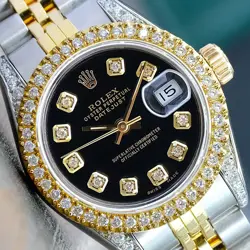 ROLEX LADIES DATEJUST WATCH 26MM 18K GOLD STEEL BLACK DIAMOND DIAL BEZEL 69173
