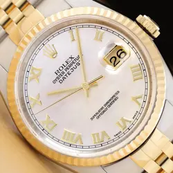ROLEX MENS DATEJUST 16233 MOTHER OF PEARL ROMAN DIAL 18K GOLD STEEL 2-TONE WATCH