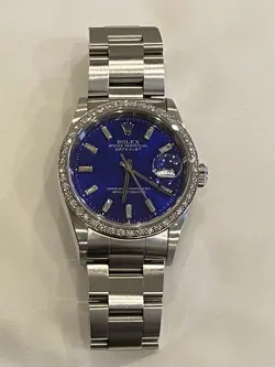 ROLEX DATEJUST 36MM OYSTER 16200 BAGUETTE DIAMOND BLUE DIAL & DIAMOND BEZEL