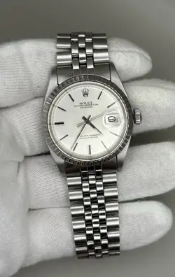 ROLEX DATEJUST 1603 36MM SILVER INDEX STEEL ENGINE TURNED JUBILEE MENS WATCH