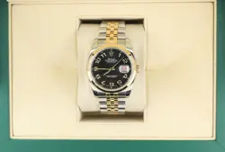 2009 ROLEX DATEJUST 116203 BLACK CONCENTRIC ARABIC DIAL TT 18KT JUBILEE 36MM