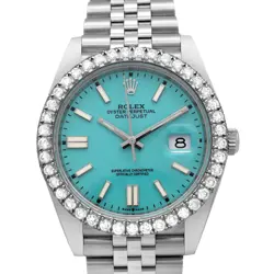 ROLEX DATEJUST 41MM 126300 AUTO CUSTOM VS 4CT DIAMOND BEZEL TURQUOISE DIAL W.B&P