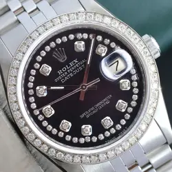 ROLEX MENS DATEJUST  STEEL BLACK DIAMOND DIAL DIAMOND BEZEL 36MM WATCH AUTOMATIC