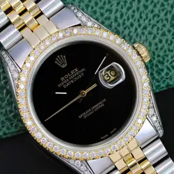 ROLEX MENS DATEJUST GOLD & STEEL BLACK DIAL DIAMOND BEZEL LUGS 36MM WATCH 16233