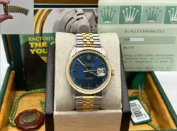 ROLEX DATEJUST 16233 36MM BLUE DIAL 18K YELLOW GOLD STEEL BOX PAPER 2002