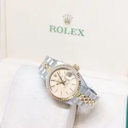 ROLEX 26MM 18K HALF YELLOW GOLD CHAMPAGNE LINEN STICKS DIAL DATEJUST REF: 69173