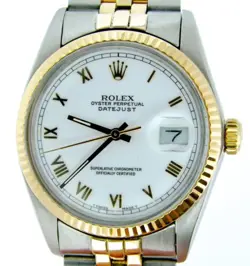 ROLEX DATEJUST MENS 18K YELLOW GOLD & STEEL WATCH WHITE ROMAN DIAL JUBILEE 16013