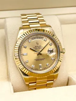 ROLEX DAYDATE 2 41MM 218238 YELLOW GOLD CHAMPAGNE BAGUETTE DIAMOND DIAL PAPERS