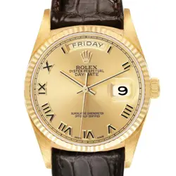 ROLEX PRESIDENT DAY-DATE YELLOW GOLD LEATHER ROMAN DIAL MENS WATCH 18038