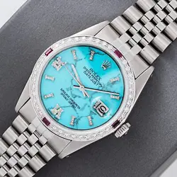Rolex Men Datejust Steel and 18K Gold 36mm with Turquoise Marble Dial Ruby Bezel